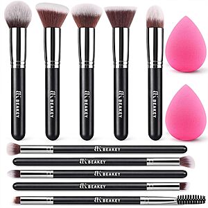 12-Pc BEAKEY Makeup Brush Set w/ 10 Face & Eye Brushes & 2 Blending Sponges $4.50
