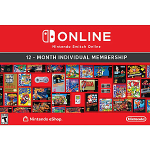 12-Month Nintendo Switch Online Individual Membership (Digital) $18