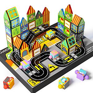 60-Pc GobiDex Mini Magnetic Tiles City Road Building Set w/ 4 Cars $10