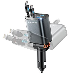 75W LISEN Car Charger w/ 2 Retractable USB-C Cables & 36W PD Port $12