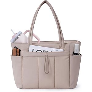 Wandering Nature Puffy Quilted Tote Bag w/ 15.6" Laptop Compartment (Beige) $14 & More