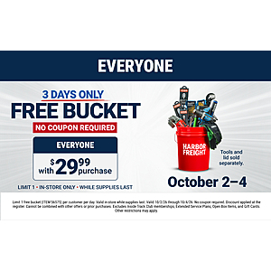 Harbor Freight In-Stores: 5-Gal. Harbor Freight Bucket Free w/ $30 Purchase & More (Valid thru 10/4)